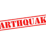 Star Power Takes Aim At Quake Disaster Red stamp with the word EARTHQUAKE