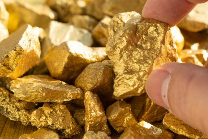 Lump,Of,Gold,Ore,From,Gold,Mine,Texture,Background Hand holding a rough gold nugget among scattered gold pieces