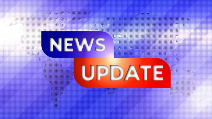 shutterstock_2238369395 News update graphic with world map background.