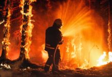 Firestorm Slams Spokane — 600 Homes Vanish Firefighter spraying water on a raging forest fire at night
