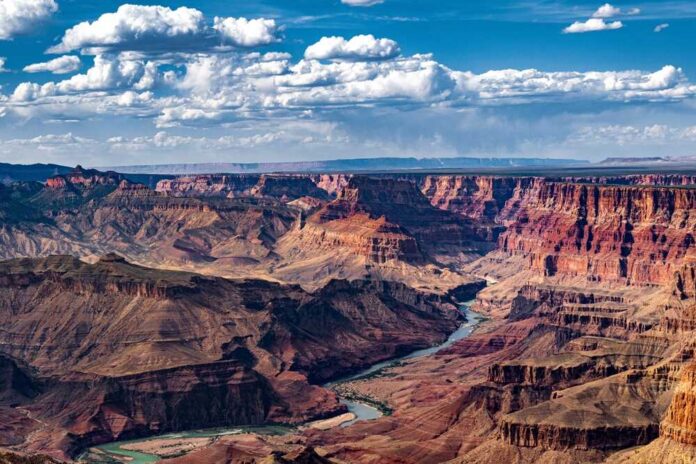 Beautiful,Grand,Canyon,In,Arizona,,Usa. A panoramic view of the Grand Canyon with a river winding through the landscape