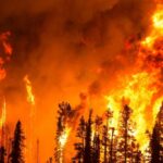 Blaze Traps Wreck — Pilots Lost Forest wildfire engulfs tall trees at night