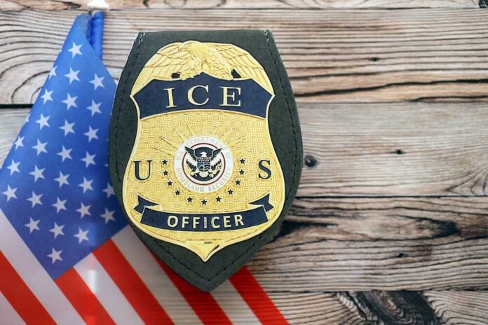Kyiv,,Ukraine,-,September,17,,2025,Us,Ice,Officer,Badge ICE officer badge displayed next to the U.S. flag