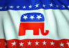 Political Power Broker Gone – GOP Saddened Republican Party elephant logo on American flag background.