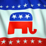 Political Power Broker Gone – GOP Saddened Republican Party elephant logo on American flag background.