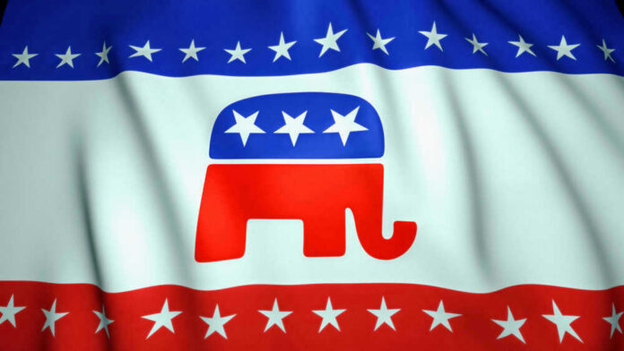 shutterstock_1806375481 Republican Party elephant logo on American flag background.