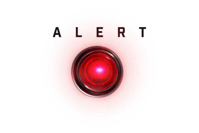 Alert,Lamp,Isolated,On,Pure,White,With,Red,Glow.,Red A red alert button with the word 'ALERT' above it