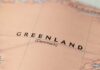 Close-up of a map showing Greenland labeled as Denmark