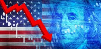 Graph showing a downward trend overlaid on an American flag and currency imagery