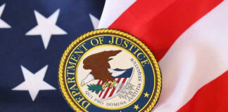 Department of Justice seal on American flag.