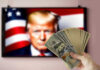 Trump’s Billion-Dollar Boast Draws Liberal Heat Hand holding cash in front of American flag background with Donald Trumps face