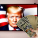 Trump’s Billion-Dollar Boast Draws Liberal Heat Hand holding cash in front of American flag background with Donald Trumps face