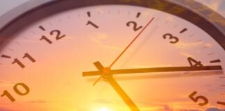 Analog clock overlaid on a vibrant sunset sky