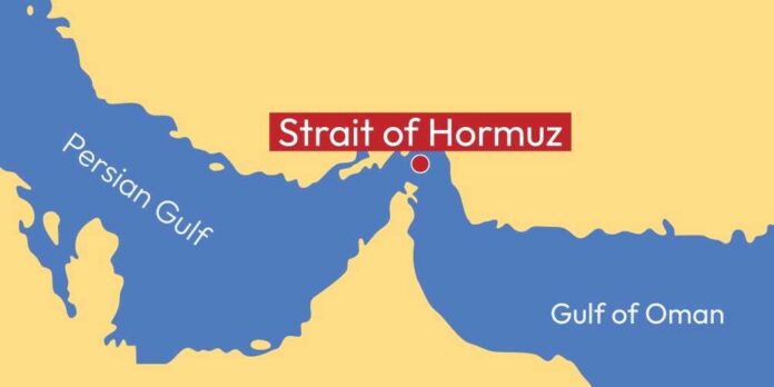 Map highlighting the Strait of Hormuz between the Persian Gulf and Gulf of Oman