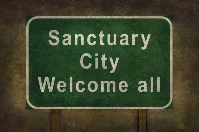shutterstock_517980502 Green sign reading Sanctuary City Welcome all