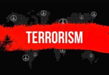 Tip Triggers Massive Terror Probe Graphic representation of terrorism with peace symbols and a bold red stripe