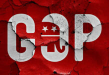 Warning: Last GOP President? Cracked GOP logo on a red background.