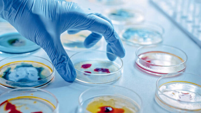 Scientist,Works,With,Petri,Dishes,With,Various,Bacteria,,Tissue,And Gloved hand selecting a petri dish with colorful samples