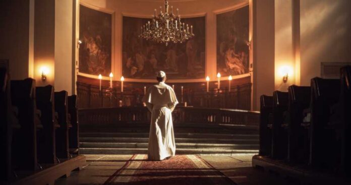 A religious figure standing in a church with candlelight illuminating the space