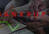 Chapter 11 Shock: Trendy Chain Gutted Hands using a smartphone with a financial chart and the word 'BANKRUPT' overlayed