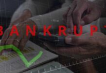 Chapter 11 Shock: Trendy Chain Gutted Hands using a smartphone with a financial chart and the word 'BANKRUPT' overlayed