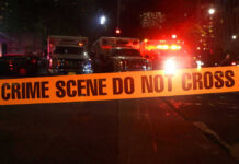 Driver Walks After Field Carnage Crime scene tape with emergency vehicles in background.